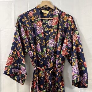 VTG Dentelle L Satin Navy Blue Floral Robe Sleepwear Lounge Kimono Cottagecore